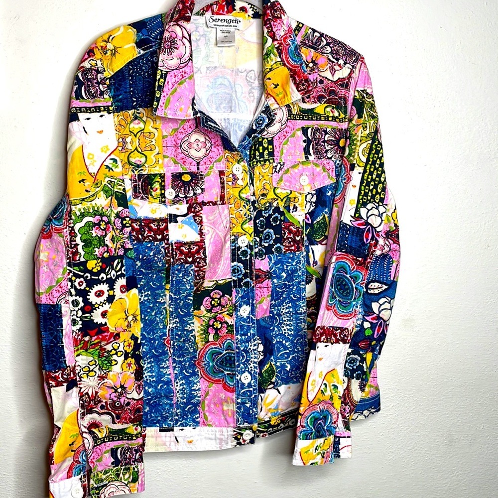 Serengeti Light Weight patchwork lady print jean jacket style shacket, size L